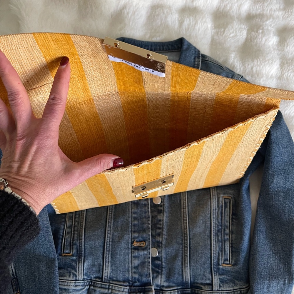 The Good People clutch bag Yellow Beige Striped women’s Raffia clutch bag New - Picture 6 of 12
